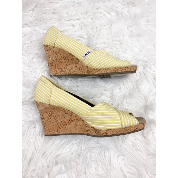 Toms Yellow White Stripe Canvas Cork Wedge Peep Toe Shoes 7.5 - Picture 4 of 6